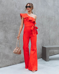 Cameran Cotton One Shoulder Flare Jumpsuit - Red