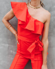 Cameran Cotton One Shoulder Flare Jumpsuit - Red