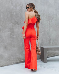 Cameran Cotton One Shoulder Flare Jumpsuit - Red