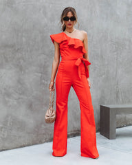 Cameran Cotton One Shoulder Flare Jumpsuit - Red