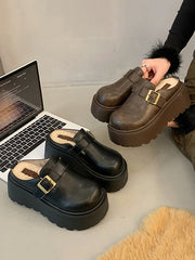 Belt Buckle Round-Toe Split-Joint Loafers Platform Shoes Slippers&Mules