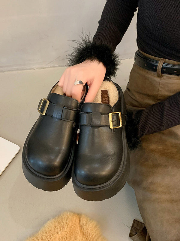 Belt Buckle Round-Toe Split-Joint Loafers Platform Shoes Slippers&Mules