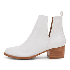 White Snakeskin Faux Leather Closed Toe Ankle Booties