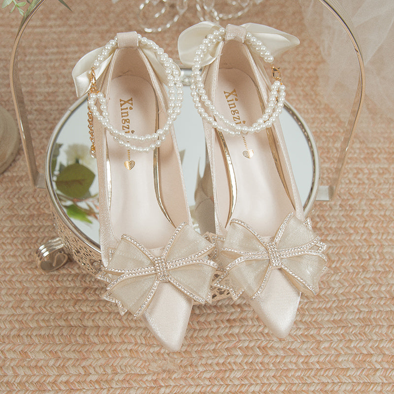 Bridal Shoes 2024 New Flower High Heel Pumps Women Elegant Pearl Strap Wedding Party Shoes Woman Silk Pointed Toe Zapatos Mujer