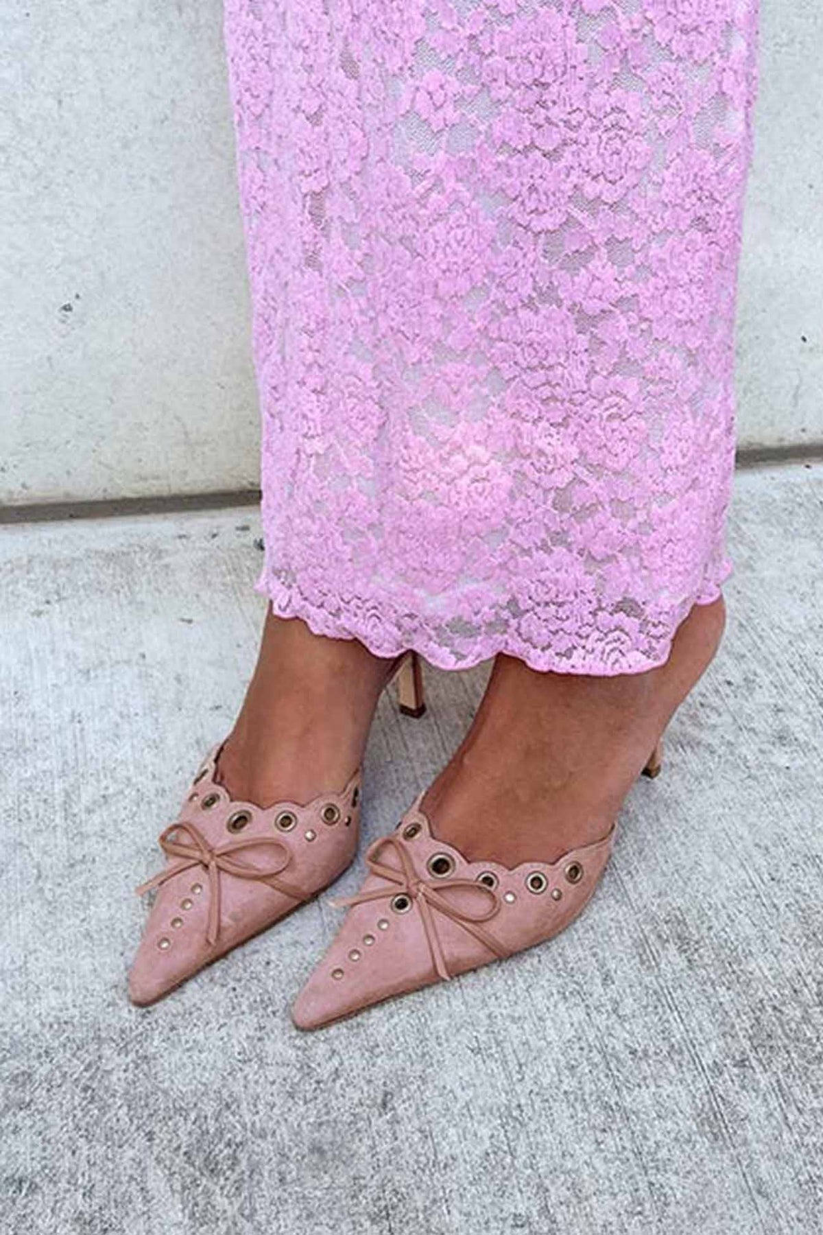 New Fashion Spring Outfit Suede Point Toe Bow Hollow Mule Pumps