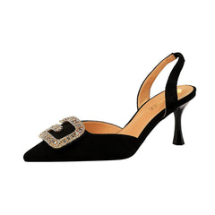 Women's Low-cut Pointed Toe Suede Hollow-out Back Strap Metal Rhinestone Heels
