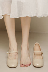 Nude French retro high-heeled leather shoes