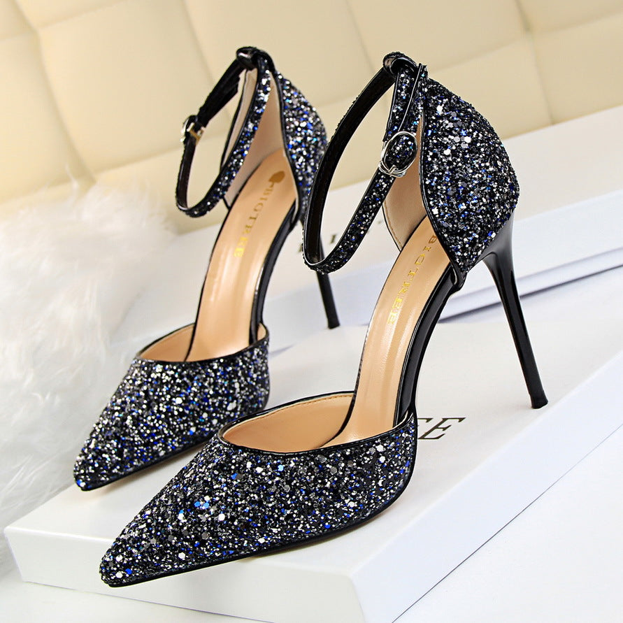 Women's Stiletto Low-cut Pointed-toe Hollowed Sequined Sexy Heels