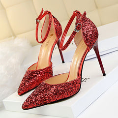 Women's Stiletto Low-cut Pointed-toe Hollowed Sequined Sexy Heels