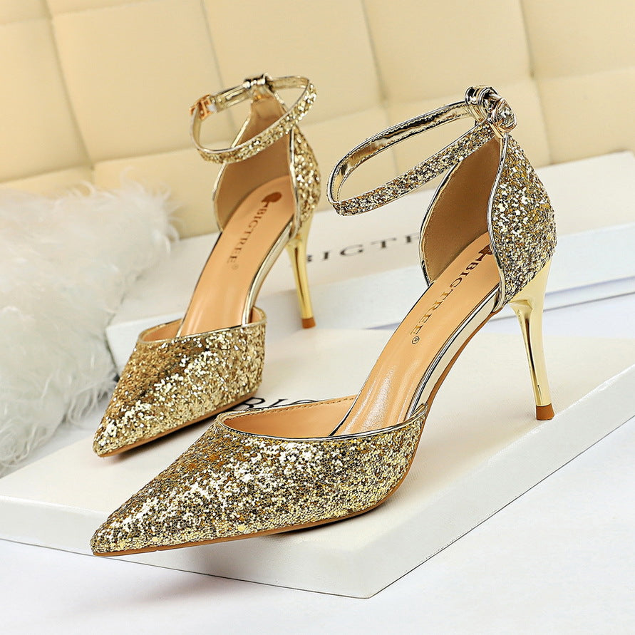 Women's Stiletto Low-cut Pointed-toe Hollowed Sequined Sexy Heels