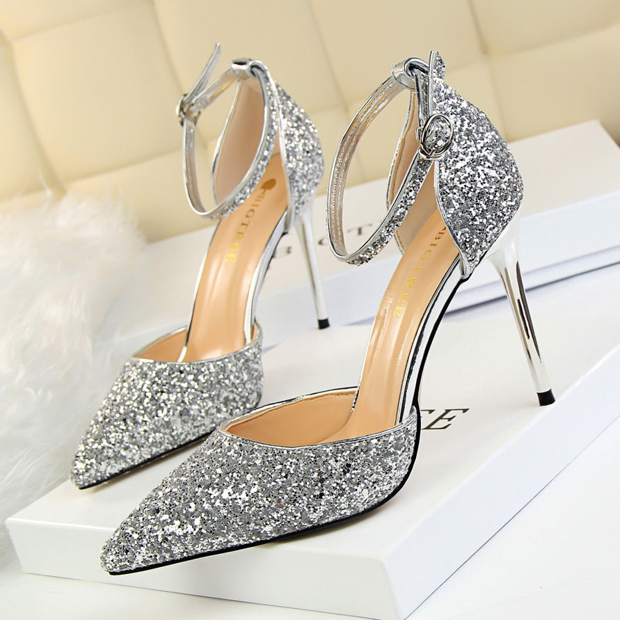 Women's Stiletto Low-cut Pointed-toe Hollowed Sequined Sexy Heels