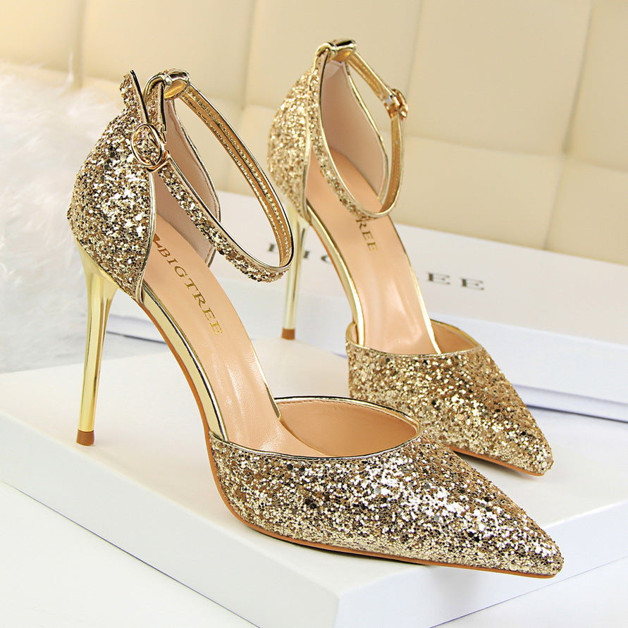 Women's Stiletto Low-cut Pointed-toe Hollowed Sequined Sexy Heels