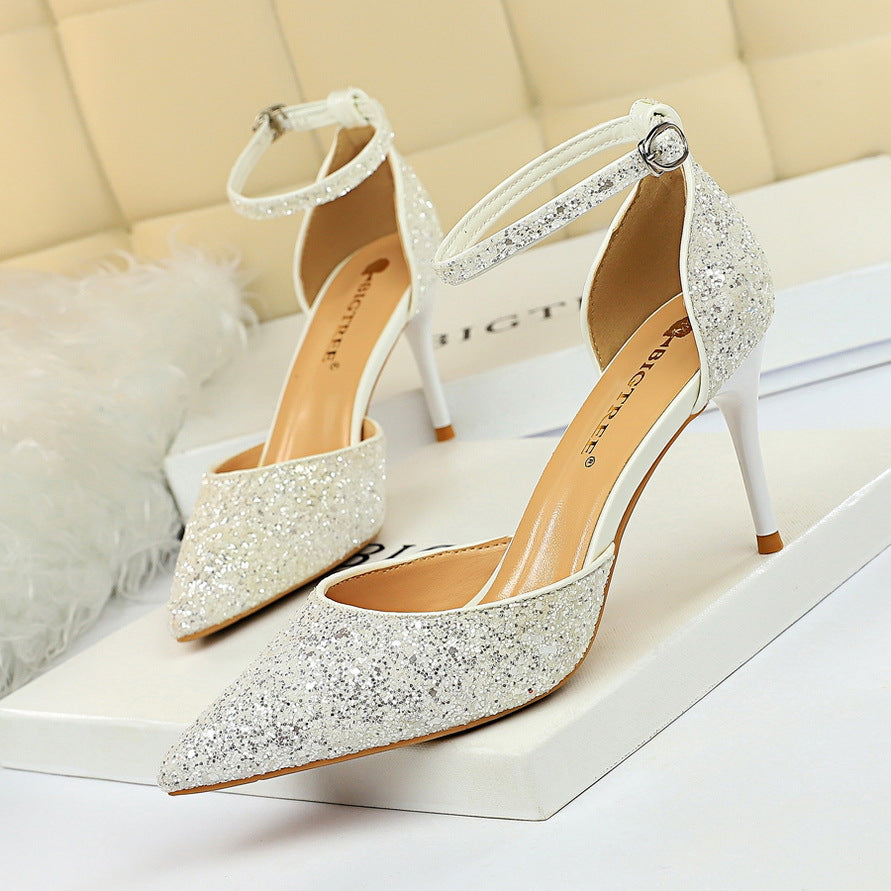 Women's Stiletto Low-cut Pointed-toe Hollowed Sequined Sexy Heels