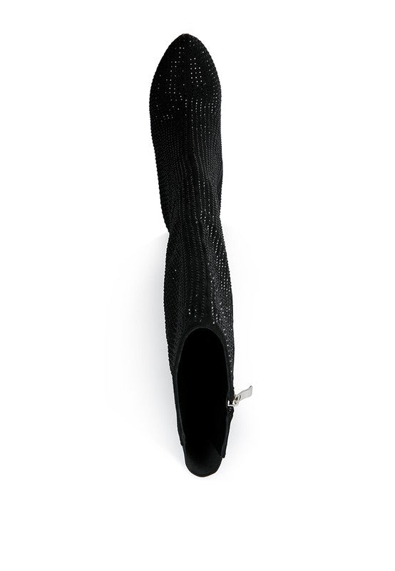 Black Rhinestone Embellished Stiletto Calf Boots