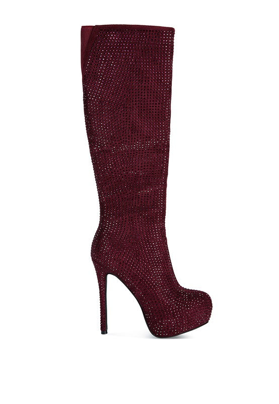 Black Rhinestone Embellished Stiletto Calf Boots
