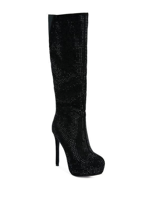 Grey Rhinestone Embellished Stiletto Calf Boots
