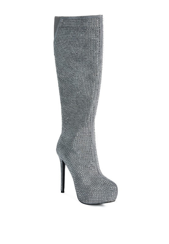 Black Rhinestone Embellished Stiletto Calf Boots