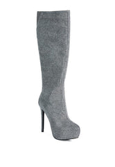 Black Rhinestone Embellished Stiletto Calf Boots