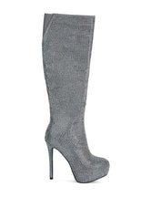Grey Rhinestone Embellished Stiletto Calf Boots