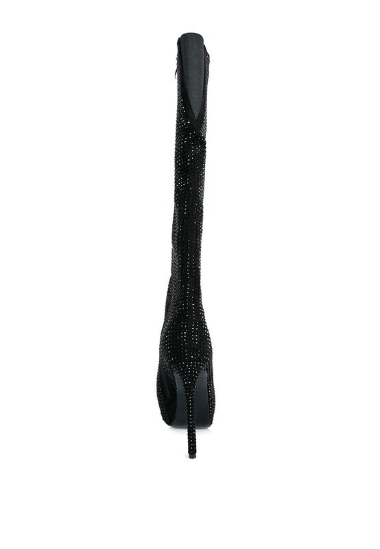 Black Rhinestone Embellished Stiletto Calf Boots