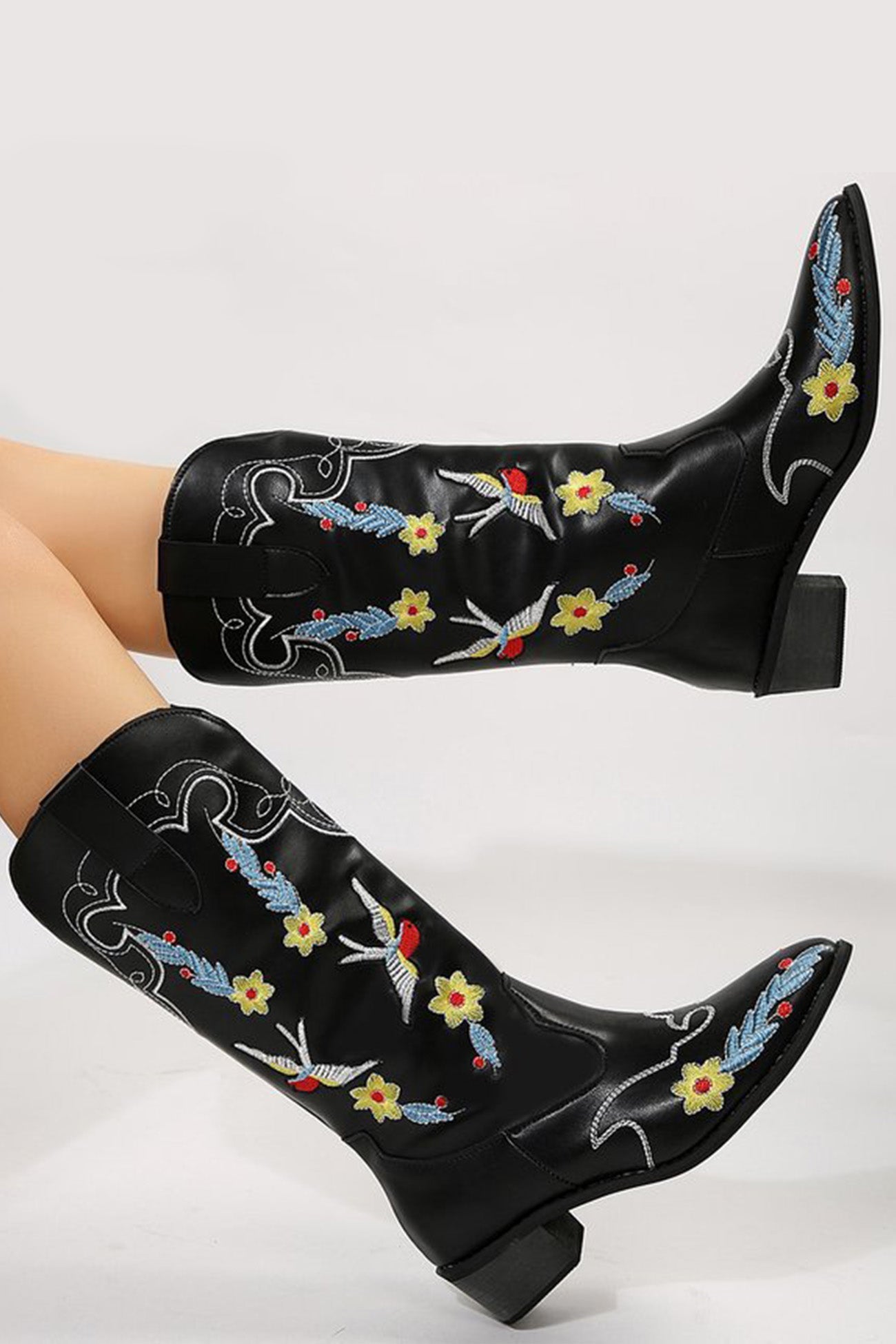 New Fashion Spring Outfit Floral Embroidery Square Toe Knee High Boots