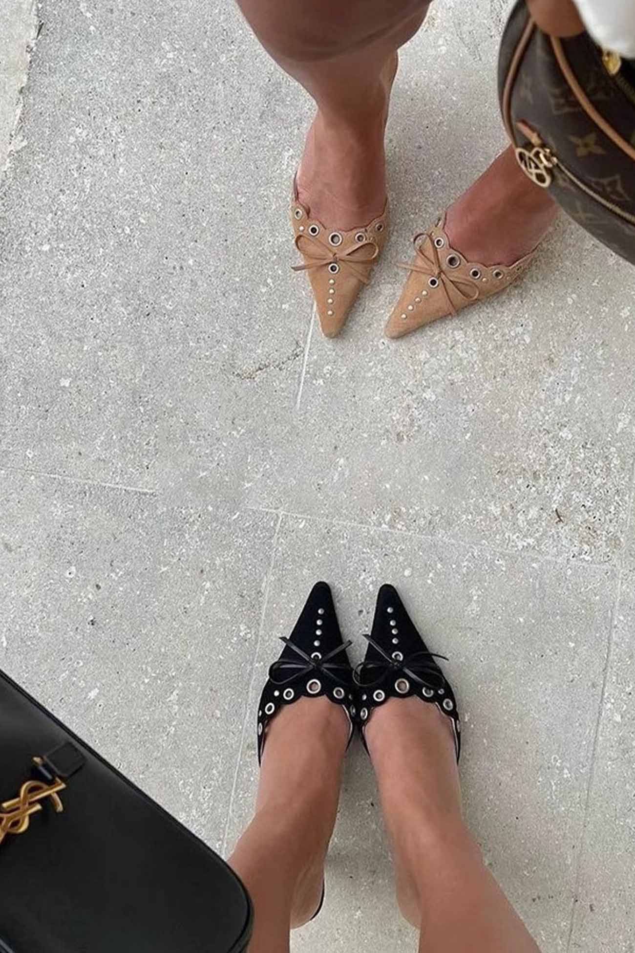 New Fashion Spring Outfit Suede Point Toe Bow Hollow Mule Pumps