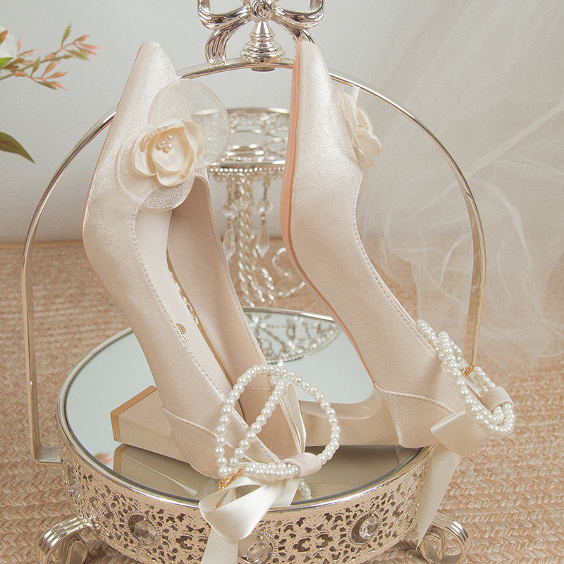 Bridal Shoes 2024 New Flower High Heel Pumps Women Elegant Pearl Strap Wedding Party Shoes Woman Silk Pointed Toe Zapatos Mujer