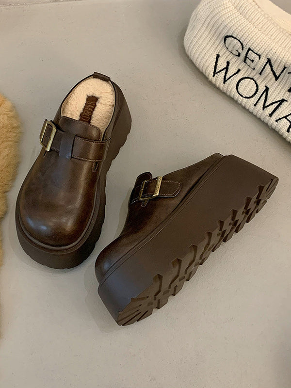 Belt Buckle Round-Toe Split-Joint Loafers Platform Shoes Slippers&Mules