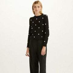 Elegant Black Polka Dot Print Puff Sleeve High Neck Pullover Sweater