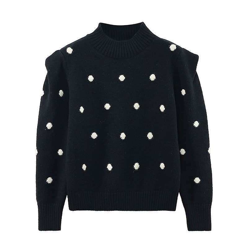 Elegant Black Polka Dot Print Puff Sleeve High Neck Pullover Sweater