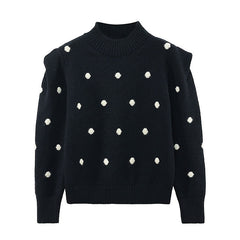 Elegant Black Polka Dot Print Puff Sleeve High Neck Pullover Sweater