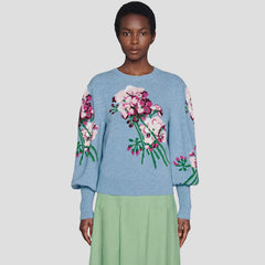 Romantic Blue Floral Jacquard Knit Crew Neck Bishop Sleeve Pullover Sweater