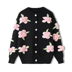 Cute Black Crew Neck Drop Shoulder Button Up Floral Jacquard Knit Cardigan