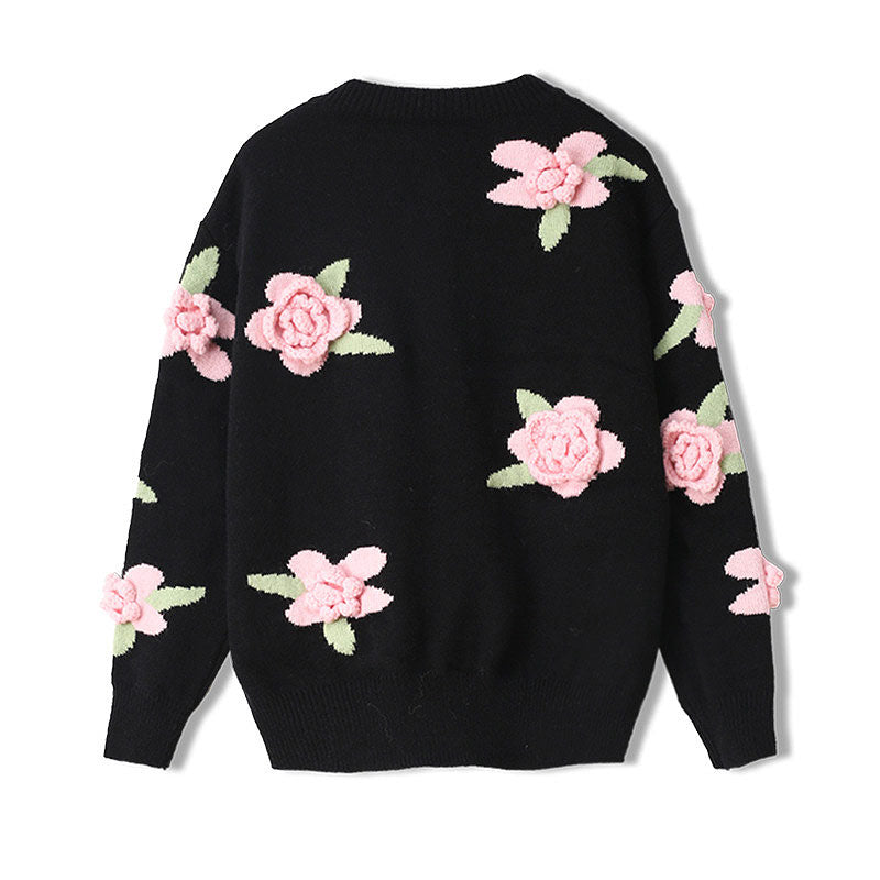 Cute Black Crew Neck Drop Shoulder Button Up Floral Jacquard Knit Cardigan