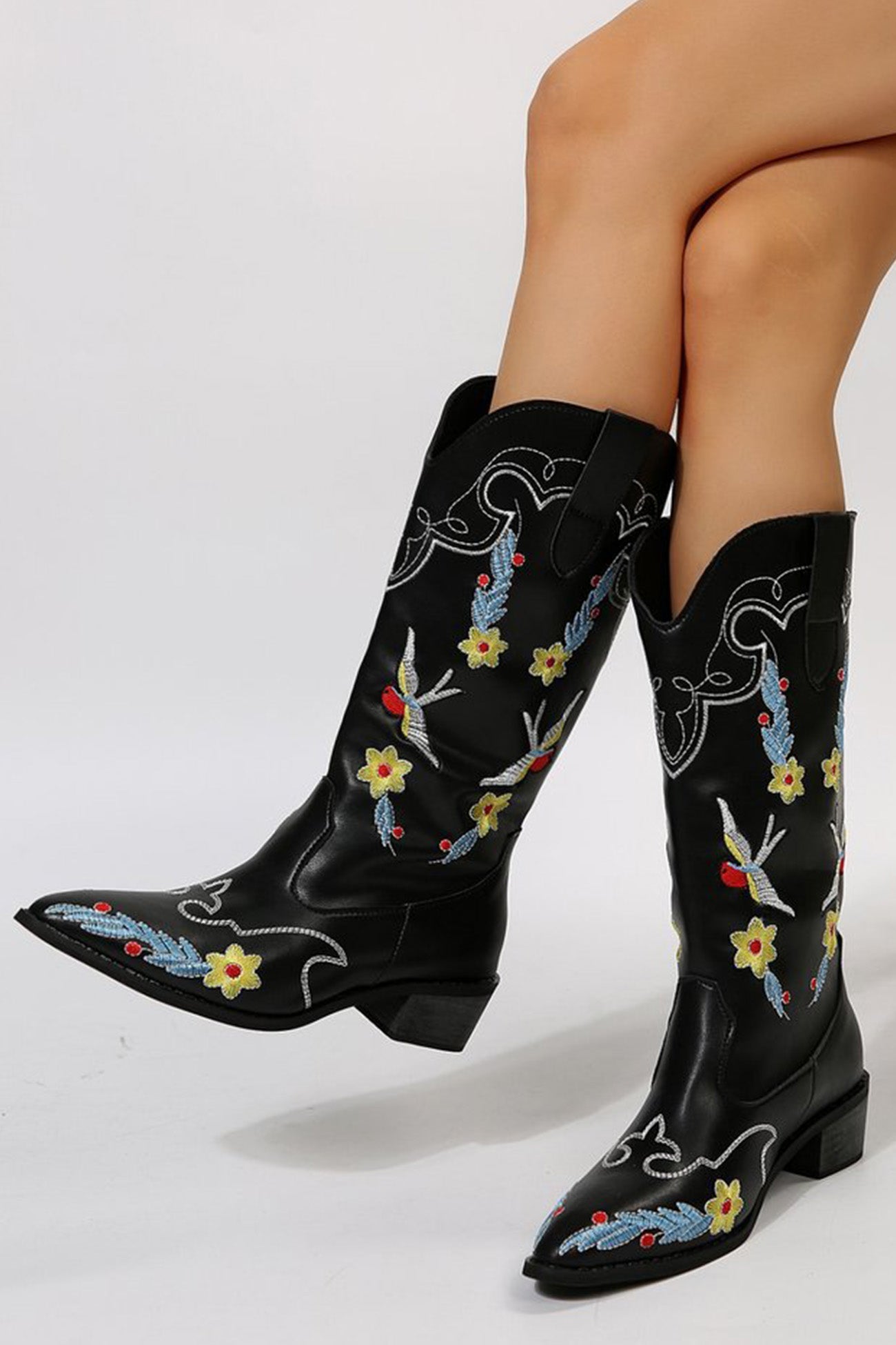 New Fashion Spring Outfit Floral Embroidery Square Toe Knee High Boots