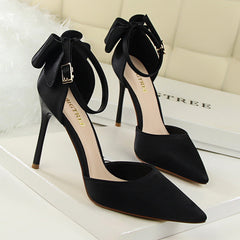 Women's Pointed Toe Satin Hollow Back Bow Heels