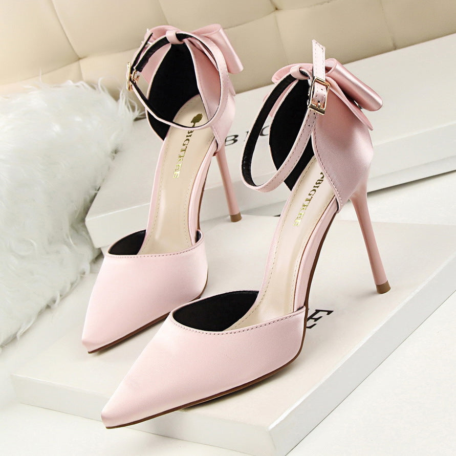 Women's Pointed Toe Satin Hollow Back Bow Heels