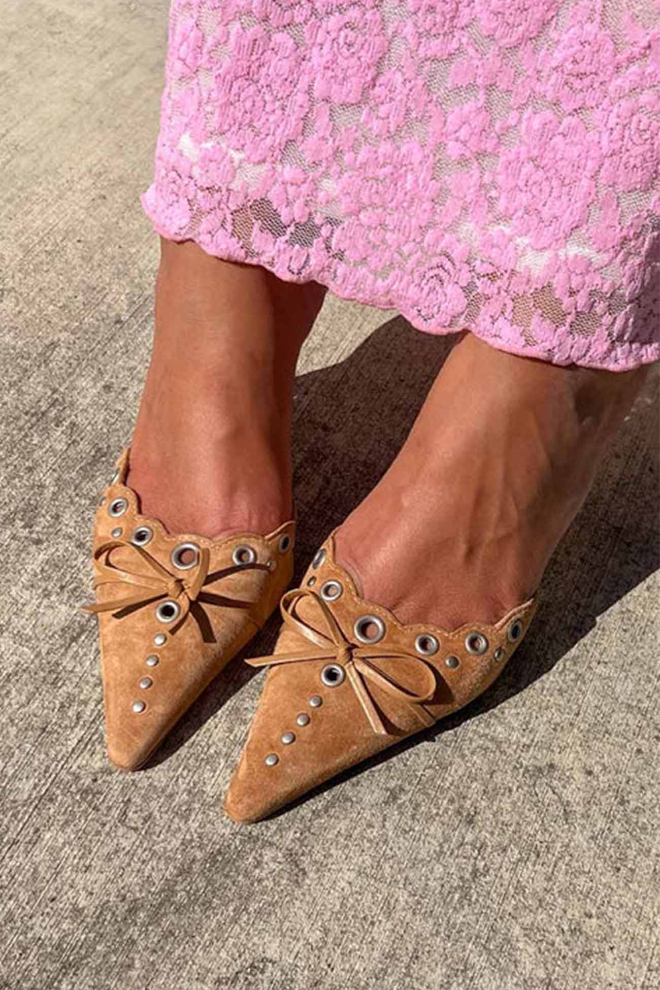 New Fashion Spring Outfit Suede Point Toe Bow Hollow Mule Pumps