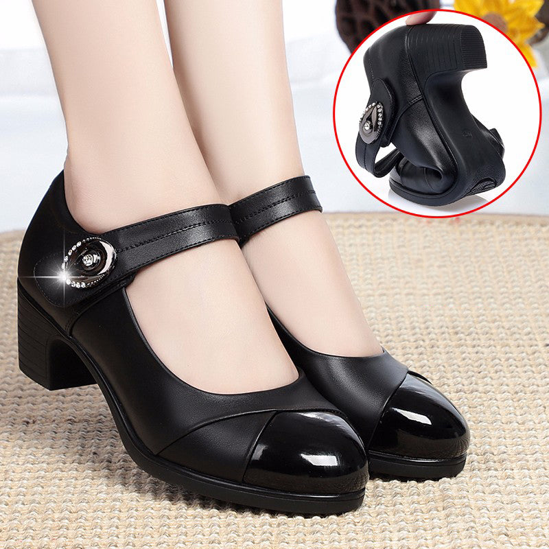 Crystal Button Med Heels Mary Janes Women 2024 New Comfort Soft Bottom Moccasins Shoes Woman Square Heel Casual Shoes