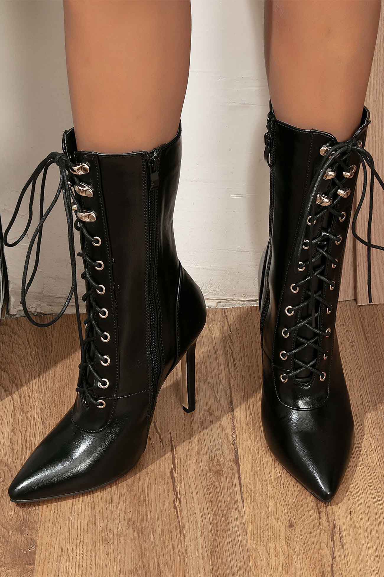 New Fashion Spring Outfit Pointed Toe Lace Up Mid-Calf Boots