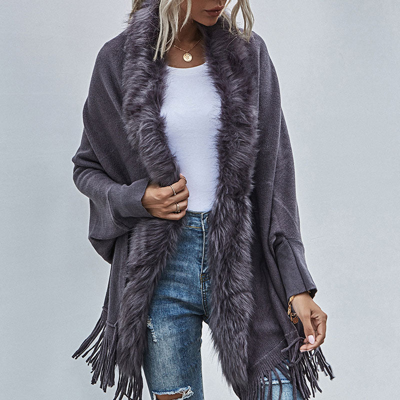 Elegant Faux Fur Shawl Collar Dolman Sleeve Open Front Fringe Knit Cardigan