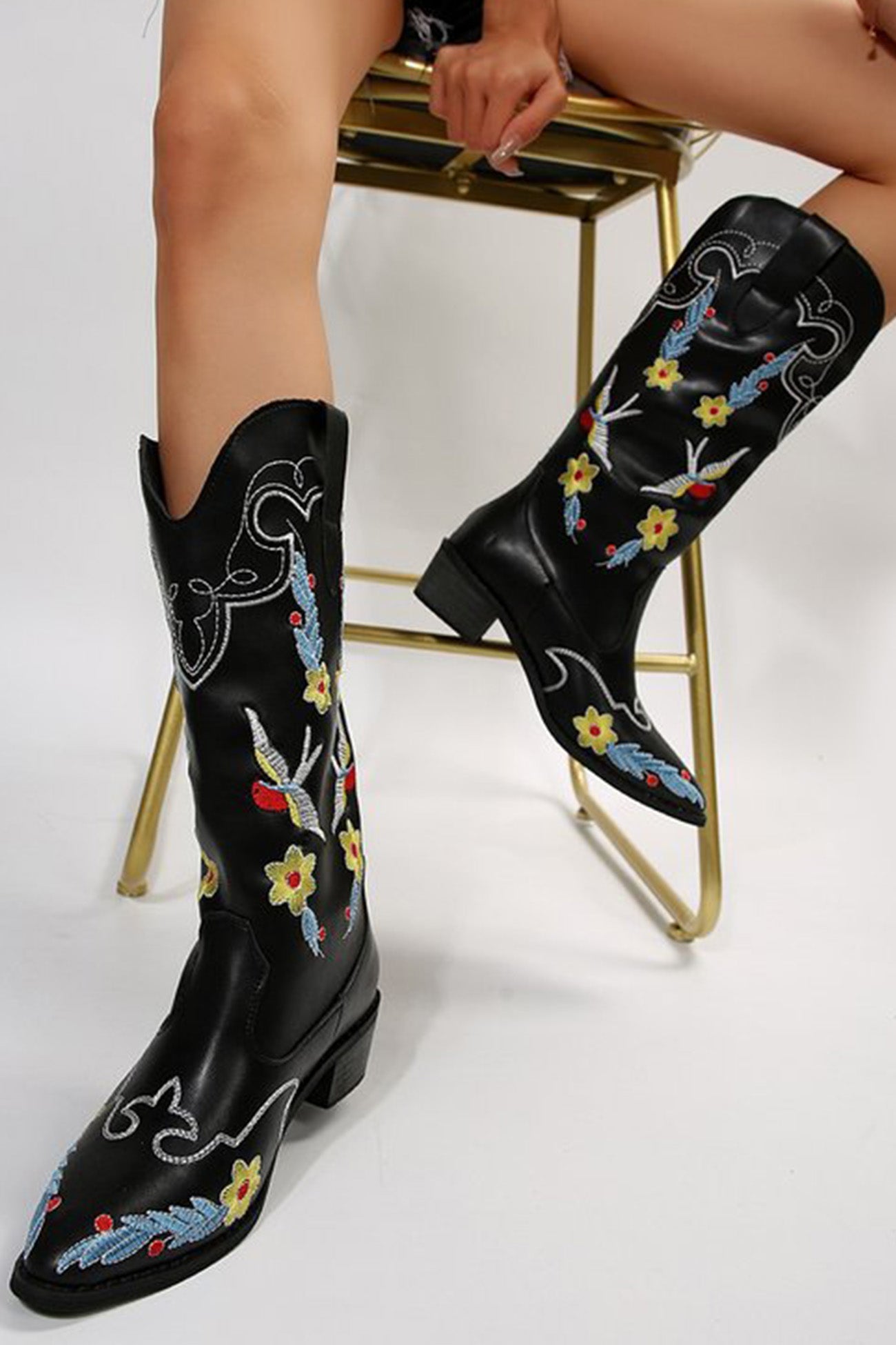 New Fashion Spring Outfit Floral Embroidery Square Toe Knee High Boots