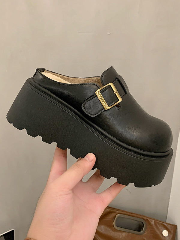 Belt Buckle Round-Toe Split-Joint Loafers Platform Shoes Slippers&Mules