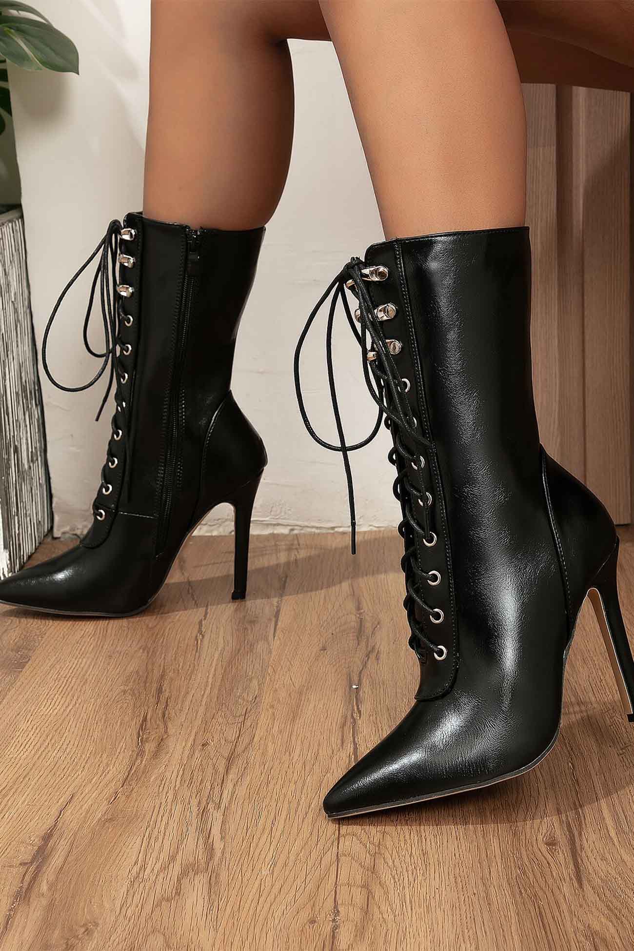 New Fashion Spring Outfit Pointed Toe Lace Up Mid-Calf Boots