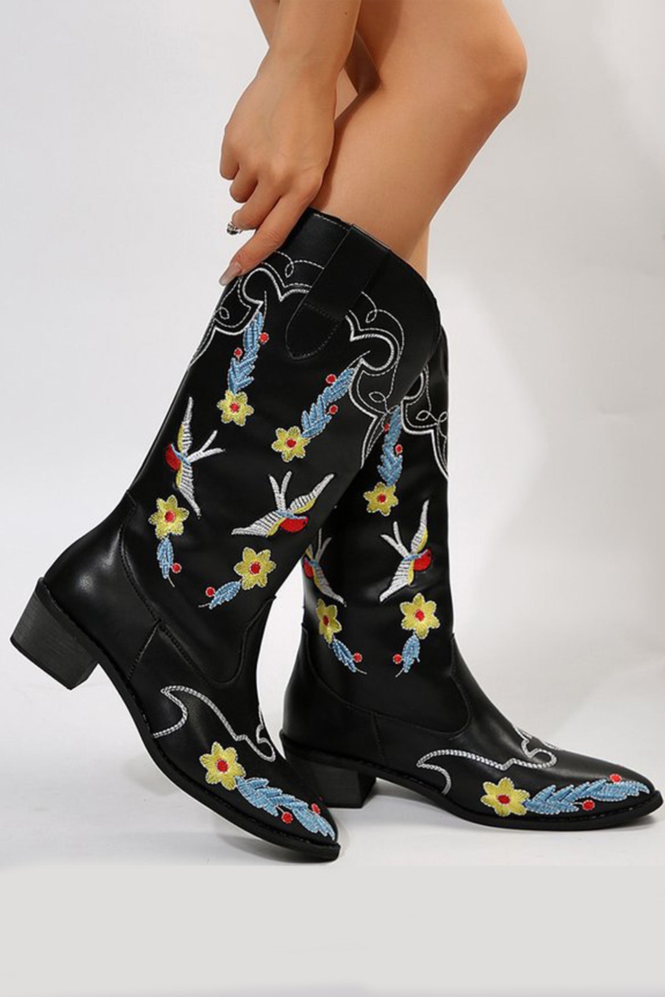 New Fashion Spring Outfit Floral Embroidery Square Toe Knee High Boots