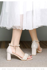 White pearl chain niche high heel sandals