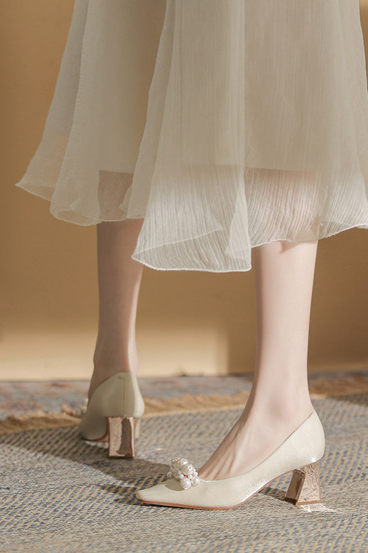 French square toe chunky pearl high heels in white