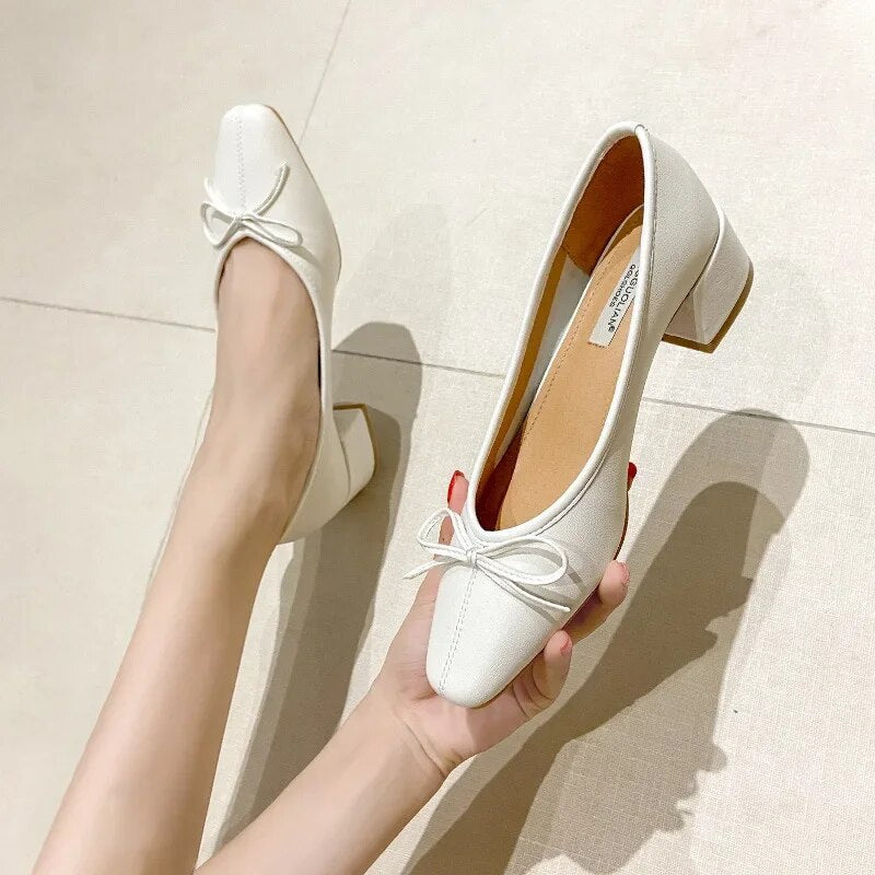 Bow Ballet High Heels Shoes Woman Basic Pumps Fashion  Round Bow Work Shoe Fashion Party Women Shoes Pump zapatos de mujer