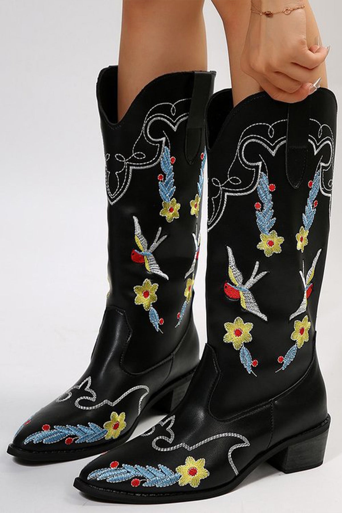 New Fashion Spring Outfit Floral Embroidery Square Toe Knee High Boots