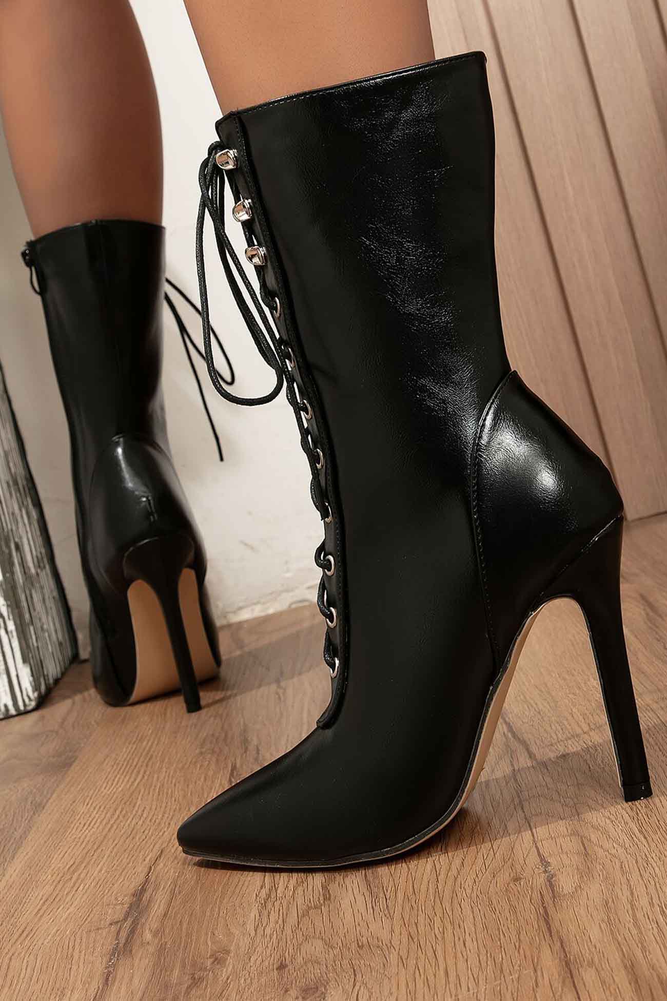 New Fashion Spring Outfit Pointed Toe Lace Up Mid-Calf Boots